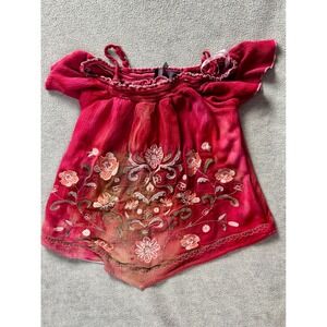 In Girl Hand Dyed Pink Floral Embroidered Off Shoulder Top Girls M 10-12 Boho